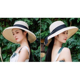 Qchomee Women Wide Brim Straw Hat Ladies Panama Church Derby Cap Sun with Bow Bucket Summer Trilby Travel Beach Classic Flat Fedora for Wedding Party Talent Show Performance Beige