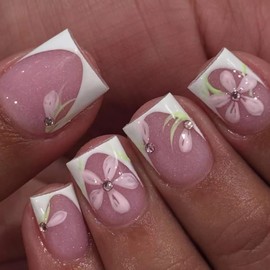 BABALAL Press on Nails Short Fake Nails Square Glue on Pink White French Tip Flower Art 24Pcs Squoval Glossy Summer Full Cover Acrylic False Nails for Women Girls kids
