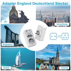 Adapter England Germany Plug, TOPREK Travel Adapter UK with USB (5V/2.4A), UK Adapter to EU Adapter UK Euro Plug, Socket Adapter Travel Plug Type G for Ireland UK, Dubai, Maldives, Malaysia