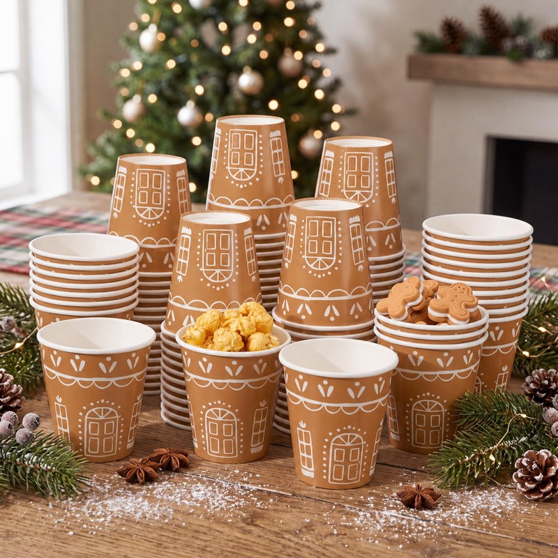 100 Pcs Christmas Gingerbread Paper Cups, 10 oz