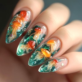 LOPMNGHT 24Pcs Blue Green Press on Nails Almond Medium Artificial Acrylic Fake Nail Colorful Jellyfish Pattern Design Press Ons Glossy Stick on Nails Full Cover Reusable Coffin Glue on Nail for Women