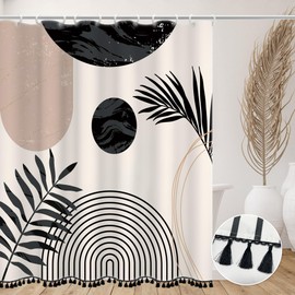 Kavier Mid Century Abstract Shower Curtain with Tassels, 180x180 cm / 72x72 Inch Boho Arch Sun Modern Minimalistic Bathroom Decor, Waterproof Polyester Fabric Bath Shower Curtain Set with 12 Hooks