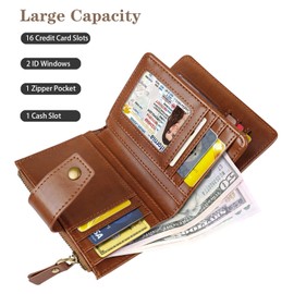 Women Leather Wallet RFID Blocking Small Bifold Zipper Pocket Wallet Card Case Purse with ID Window, Leopard