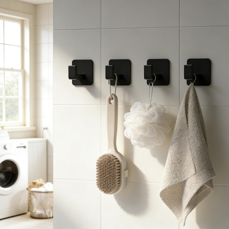 Leezmark 8 Pack Square Self Adhesive Towel Hooks, Black Aluminum