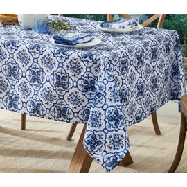 Newbridge 52 x 70 Inch Rectangle Fabric Tablecloth, Blue Amani Tile Print, Indoor Outdoor Soil Resistant Water Repellant Fabric Table Cover for Party and Dining, Delft Blue Medallion