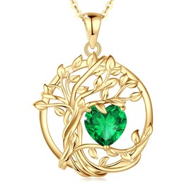 FANCIME Tree of Life Emerald Necklace for Women 925 Sterling Silver Yellow Gold Plated Tree Pendant Necklace Jewellery Anniversary Birthday Christmas Gifts for Mum Wife Girls Her