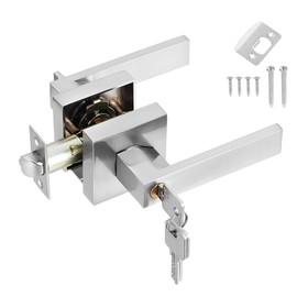 HSEAMALL Door Lever Handle Lock, Interior Door Handle with Lock and Key, Square Entry Door Handle for Bedroom, Office, Left or Right Handed (Silver)