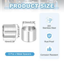 PATIKIL 6 Pcs Stainless Steel Spacers, 10mm ID x 12mm OD x 10mm Height 304 Stainless Steel Bushing Screw Standoff Unthreaded Round Spacer for 3/8" M10 Screws Bolts Nuts