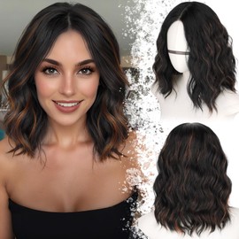 Starmo Black Mix Brown Short Wavy Bob Glueless Synthetic Lace Front Wig for Women Pre Cut for Beginners Natural Hairline 14 Inch
