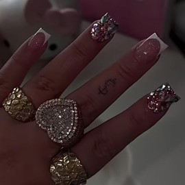 Jremg White French Tip Press on Nails Short Square Fake Nails with Rhinestone Design Glitter Fully Cover False Nails Glossy Handmade Glue on Nails Reusable Artificial Stick on Nails for Women 24Pcs