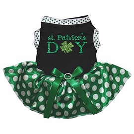 petitebelle Puppy Clothes Dog Dress ST Patrick 's Day Black Top Clover Tutu