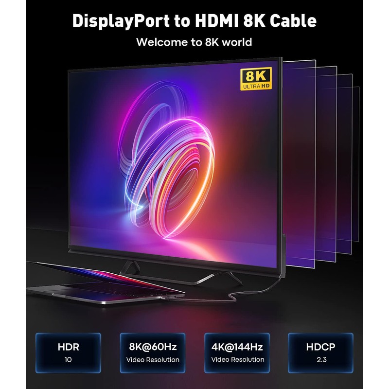 6FT DisplayPort to HDMI 8K Cable [8K@60Hz,4K@120Hz,2K@144Hz] Uni-Directional DP Source