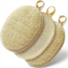 Triko Set 3 Piezas Estropajo para Cuerpo de Lufa Natural, Zacate para Baño Exfoliante y Biodegradable, Esponja de Baño con Banda Elástica para Limpieza Profunda, Incluye Gancho Adherible, Beige