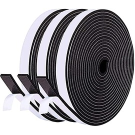 Jasinber Cinta de sellado de espuma, Burlete autoadhesivo de goma de neopreno para puertas y ventanas, puerta corrediza, a prueba de sonido (12mm x 3mm x 5m x 3 Rollos, Negro)