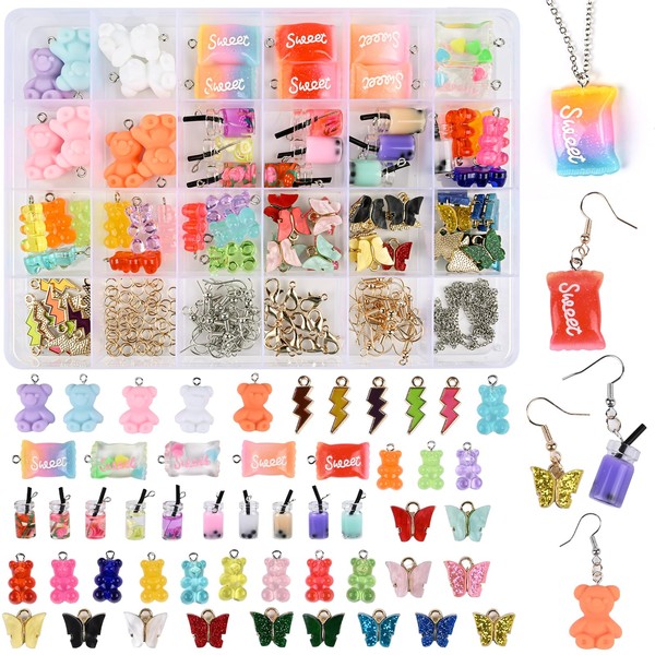 Victse Charms Pendant Set, Jewellery Making Set for Necklace, Charms Butterfly Bubble Tea Pendant Key Ring Gummy Bear Earrings DIY Gift Cool Things for Teenage Girls