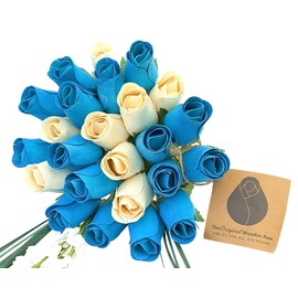 The Original Wooden Rose It’s A Boy Light Blue, and White Wooden Rose Flower Bouquet Closed Bud (2 Dozen)
