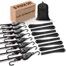 VIPARSPECTRA Ratchet Tie Down Straps, 1/4" Adjustable Rope Hangers [8 Pack, 12FT, 150 lbs/Pack], Heavy Duty Kayak Pulley System with Hooks for Garage Cargo Trucks Tents Grow Lights Various Lashing
