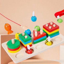VVYY8985 3 en 1 Tablero Montessoripara Apilar y Clasificar,Lasificador de Formas Figura Geométrica Apilable,Juguete Educativo con Coloridos Postes Magnéticos de Pesca (Pesca Magnética)