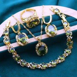 5pcs Jewelry Sets - with Bracelet, Earrings, Pendant, Necklace, Ring-18K Gold Plated Plated- Vintage Luxury Olive Green CubicColor: Olive Green