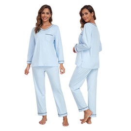 COLORFULLEAF Women's Long Pyjamas 100% Cotton Pyjamas Two Piece Lounge Set V-Neck Sleepwear Long Sleeve Loungewear, lightblue