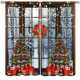 Christmas Curtains, Winter Christmas Tree Gift Brown Bear Glitter Window Snow Scene Print Home Decor, Holiday Holiday Bedroom Living Room Decorative Curtains42X45 Inch