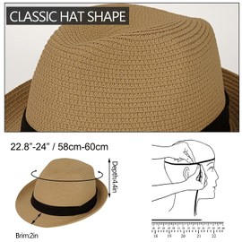 Hcimooy Women's Straw Hat with Short Brim Panama Fedora Beach Sun Trilby Hat for Holiday Gentlemen Roll Up Summer Hat, khaki l-xl(48-50)