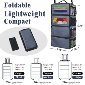 MIAOJIE Hanging Travel Organizer, Carry on Luggage Suitcase Organizer, Travel Essentials Portable Travel Shelves Packing Cube for Travel Cruise Small, Gray