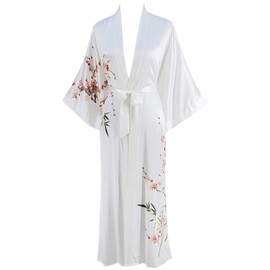 Ledamon Women's 100% Silk Kimono Long Robe - Classic Colors and Prints (White-A)