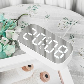 YUYTE Digital Alarm Clock, LED Mirror Clock with 5 Brightness, Time Date Temperature Display, for Bedroom, Nightstand Office, Automatic Night Mode