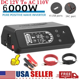 Unbranded 6000W Car Power Inverter DC 12V To AC 110V 4 USB Pure Sine Wave Solar Converter