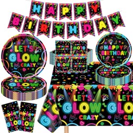 Pack of 123 Glow Neon Party Supplies Glow Party Tableware Neon Birthday Party Decorations Including Plates Banner Napkins Tablecloths for Glow Neon in Dark Theme Party Supplies Serves 40