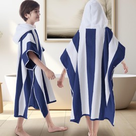 VOOVA & MOVAS Hooded Bath Towels for Big Kids | Teens (8-16Years), 100% Cotton Thick Poncho Towel Robe for Kids, Perfect for Pool, Beach, Bath and Gifts, Gem Blue Cabana Stripe