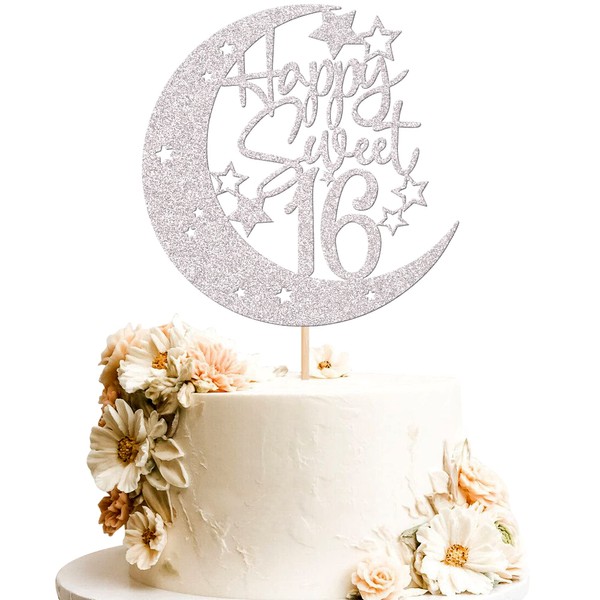 1 decoración para tartas con purpurina de luna y estrella de luna de 16 cumpleaños, decoración para tartas de cumpleaños de 16 años, suministros de fiesta de cumpleaños, color plateado