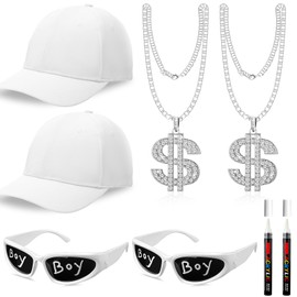 Yahenda 8 Pcs Hip Hop Costume Kit 2000s 80s 90s Rapper Accessories Costume for Men Women Rapper Sunglass Hats Pens and Chain(Silver)