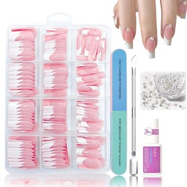 Virellay 240 Pieces Press On Nails French Set - False Nails Tips Set with Full Coverage (Medium Long French) (French, Medium)