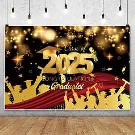 Leowefowa 10x8ft Class of 2025 Backdrop Congratulation Grad Photography Background Black Gold Bachelor Cap Star Graduation Prom Party Banner Decor Photo Supplies Prop