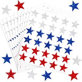 JarThenaAMCS 300Pcs Glitter Patriotic Star Sticker 4th of July Stars Stickers Red, Blue & Silver Star-Shaped Self-Adhesive Stickers for Invitations Party Favors and Crafts, 10 Sheet