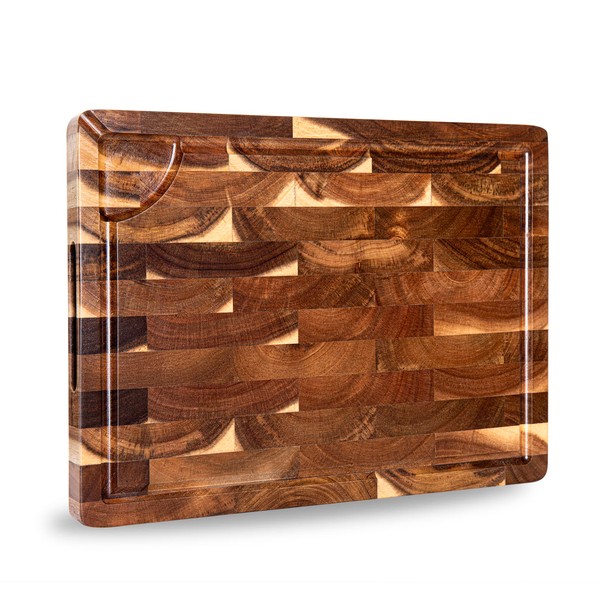 End Grain Butcher Block 15"x11", Premium Acacia Wood Cutting Board with Juice Groove, TJ POP Medium Chopping Board for Kitchen, 1.2" Thick