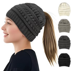 AUYAO Women Ponytail Beanie Knit Hat, Stretch Soft Cable Knit Hat with Hole for Ladies, Stylish Thermal Warm Winter Ponytail Knit Cap, Slouchy Ribbed Messy High Bun Ponytail Hat for Outdoor Sport