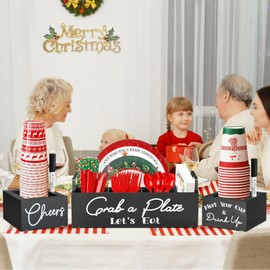 Paper Plate Holders with 2 Cup Holders and 2 Markers, Wood Utensil Holder for Party, Kitchen Paper Plate Dispenser for Counter, Disposable Plate Organizer, Silverware Holder for Cup, Plate, Napkin