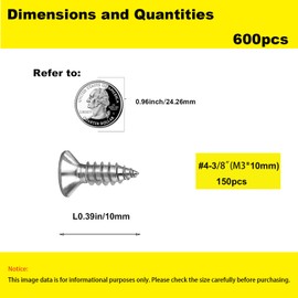 #4 x 3/8'' Wood Screws,304 Stainless Steel Flat Small Screws,Tiny Screws,Phillips Drive Countersunk Head Self-Tapping Screw,Suitable for Indoor,Outdoor and Drywall M3x10mm,150Pcs