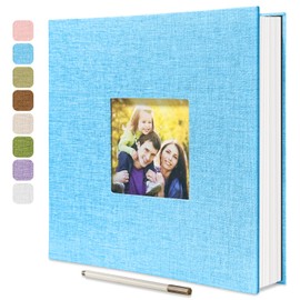 HoneyTolly Large Photo Album Self Adhesive with Picture Display Window, DIY Scrapbook Album for 4x6 8x10 Pictures, 40 Pages Light Blue Linen Cover Memory Book with Scraper and Metallic Pen