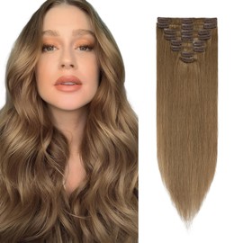 Rich Choices Clip-In Real Hair Extensions, Pack of 8, 50 cm, #6 Light Brown Hair Extensions, Real Hair, Remy Silky Straight, Invisible Clip-In Hair Extensions, Natural, Thin Wefts