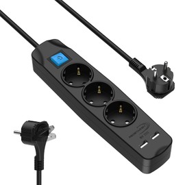 RedStar24 Power Strip 3 m 3-Way with USB, Multiple Socket with Flat Plug and Switch, Multiple Plug with Wall Mounting, Plug Strip with Flat Angle Plug, Socket, Black