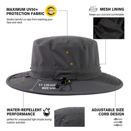 Oversize M/L Bucket Sun Hat for Men Women Waterproof UV Protection Packable Lightweight Wide Brim Boonie Cap Golf Fishing Hiking Safari Dark Grey