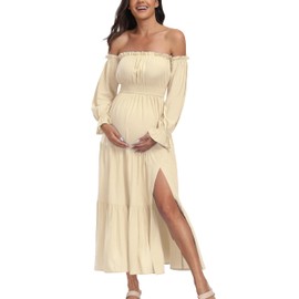 Boho Off Shoulder Maternity Dresses, Long Sleeve Side Split Flowy Tiered Maxi Dress for Baby Shower Photoshoot Dress Light Yellow M