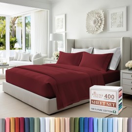 Pizuna Pure 100% Cotton Sheets Queen Size, Luxurious 400 Thread Count Long Staple Cotton Sateen Sheets Queen with 15" Deep Pocket (Combed Rio Red Cotton Sheets Queen)