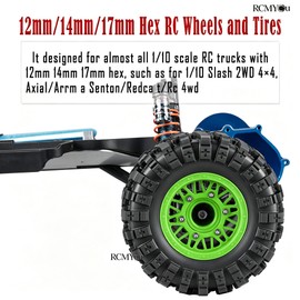 RCMYou Rc Wheels and Tires Set for 1/10 Slash 2WD 4×4 4WD,Senton,Axia1,Redca t,Rc4w d,Detachable Replacement Running on Off-Road Tire,on-Road Tire w/12mm/14mm/17mm Hex,Soft Tires Plastic Rim,Green