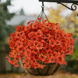 Geegoods Artificial Fake Fall Flowers for Outdoors, 16 Bundles UV Resistant Faux Plastic Violet Flowers for Outside Fall Porch Patio Decor, Autumn-Orange Color