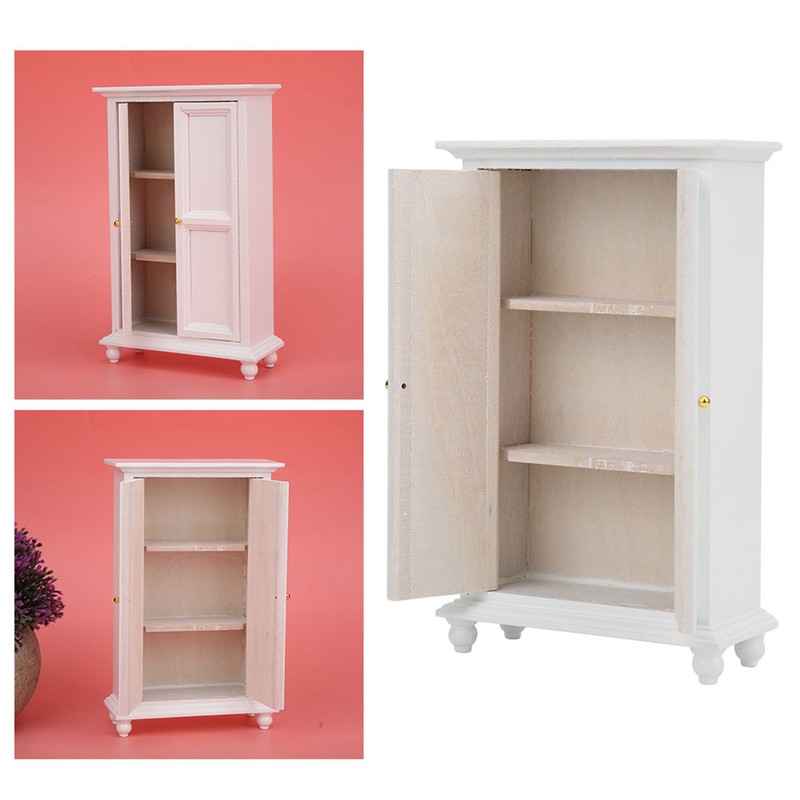 Miniature Doll House Wardrobe White Wooden Double Door Household Closet